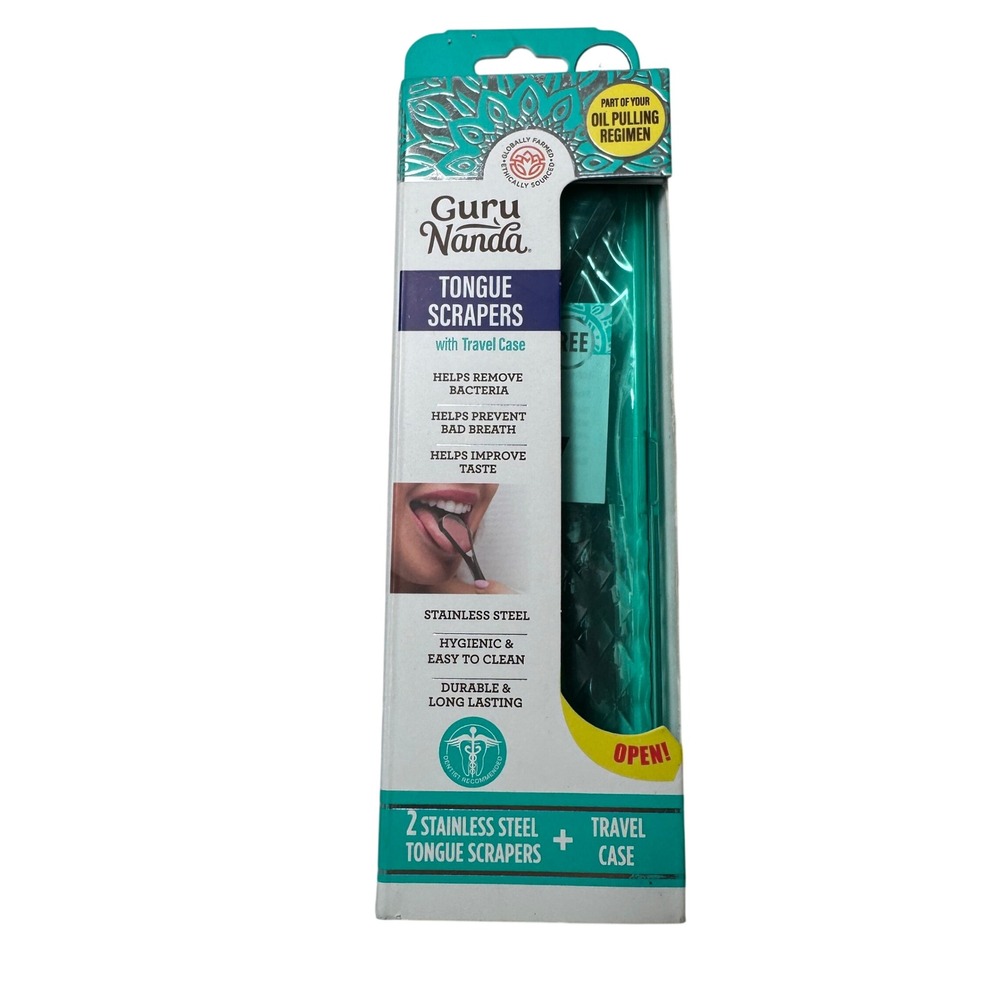 Guru Nanda 2 Pack Stainless Steel Tongue Scrapers with Travel Case Teal New